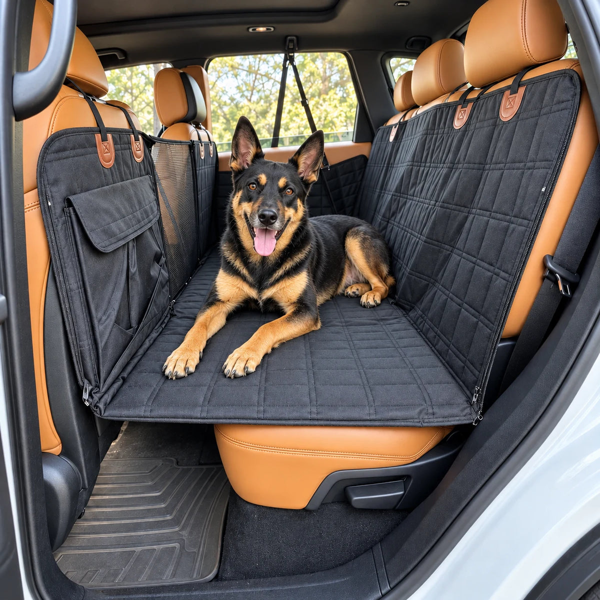 Black and tan kelpie lying on the EMPITI RoadDeck back seat extender in an SUV