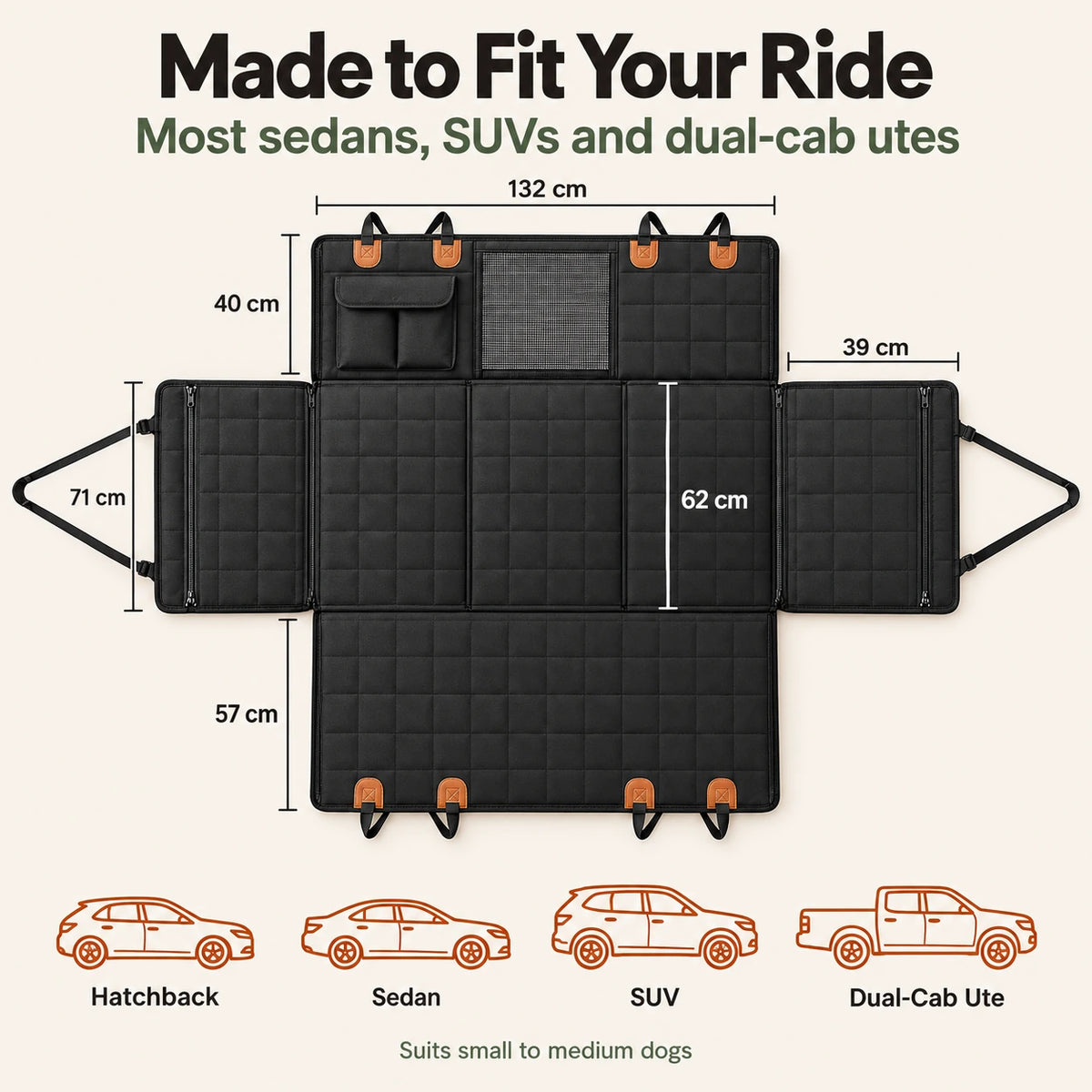 RoadDeck dimensions in centimetres, fits most sedans, SUVs and dual-cab utes